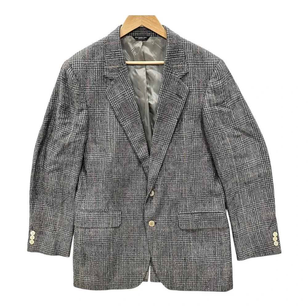 Vtg Pure Silk Tweed Glen Plaid Blazer Mens 40R Grey Sport Coat Two Button